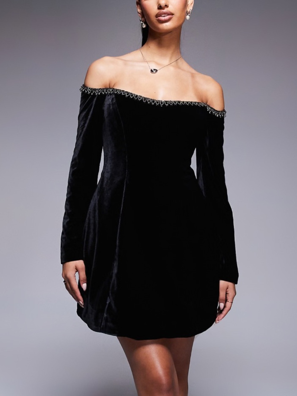 Bardot Black Nadene Hourglass Velvet Off Shoulder Long Sleeve A-Line Mini Dress